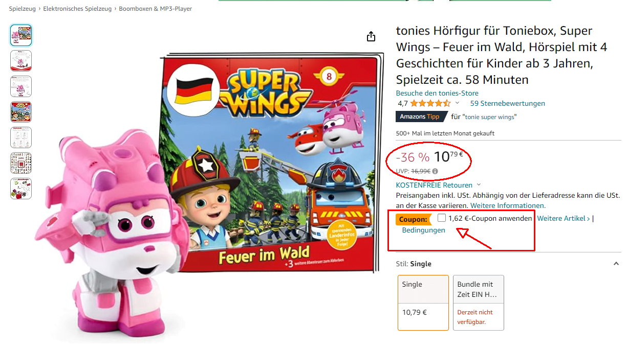 Spare 27% auf Tonies ‚Super Wings‘ Hörfigur + 1,62 € Extra Rabatt mit Amazon Coupon